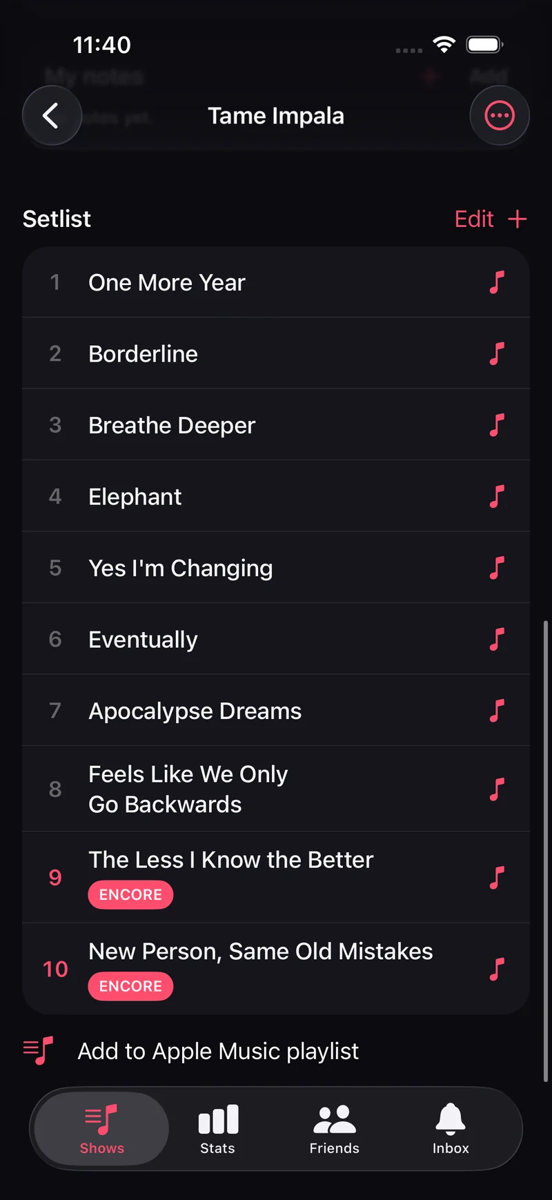 A full setlist for a show with encore songs marked.