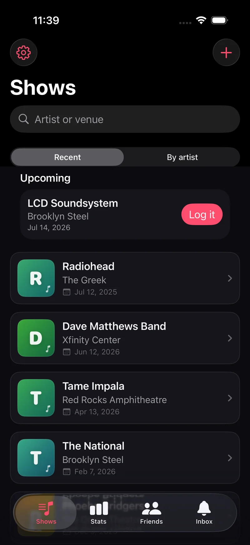 The Encored timeline of logged concerts, each as a vivid poster.